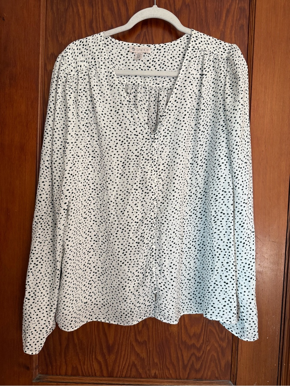 Elaine Rose White & Black Dot V-Neck Long Sleeve Blouse Size XL